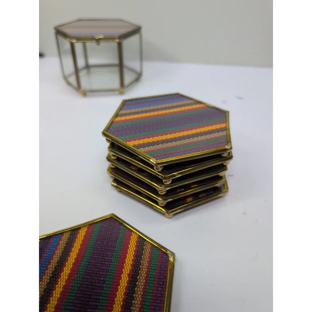 Elegant Glass Coasters In‎ Glass & Brass Case Multicolor Patchwork Set Of 6